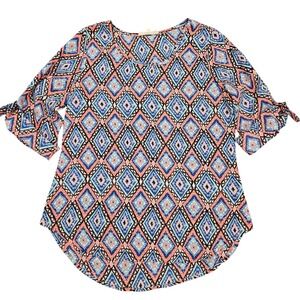 Wishful Park Geometric Diamond Print Blouse Blue Coral 3/4 Tie Sleeve Small